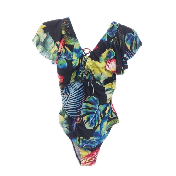 Peddney One Piece Tropical Lace Up Plunge Flounce Sleeve Bathing Suit Womens S - Picture 3 of 5